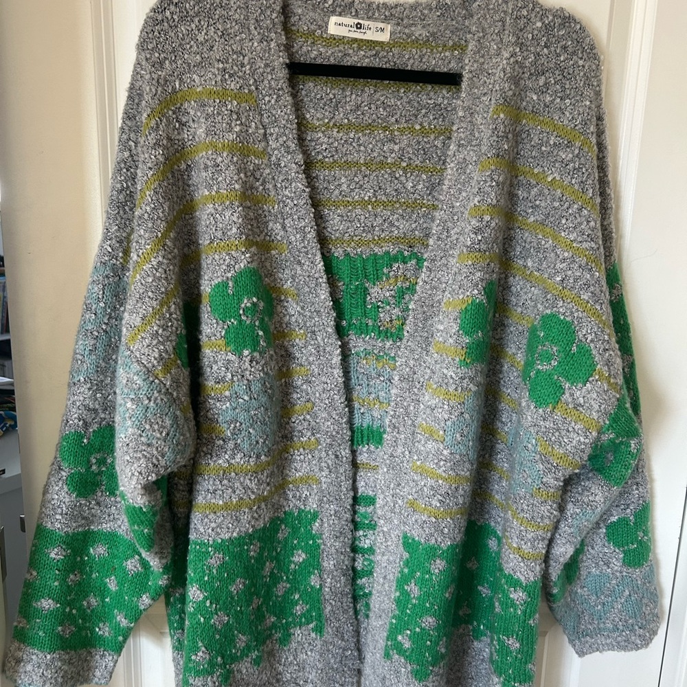 NATURAL LIFE Gray and Green Striped Floral Cardigan